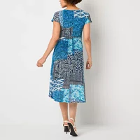 Robbie Bee Womens Short Sleeve Patchwork Midi Fit + Flare Dress