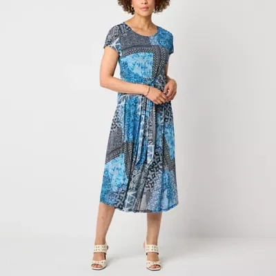 Robbie Bee Womens Short Sleeve Patchwork Midi Fit + Flare Dress