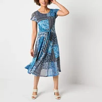 Robbie Bee Womens Short Sleeve Patchwork Midi Fit + Flare Dress
