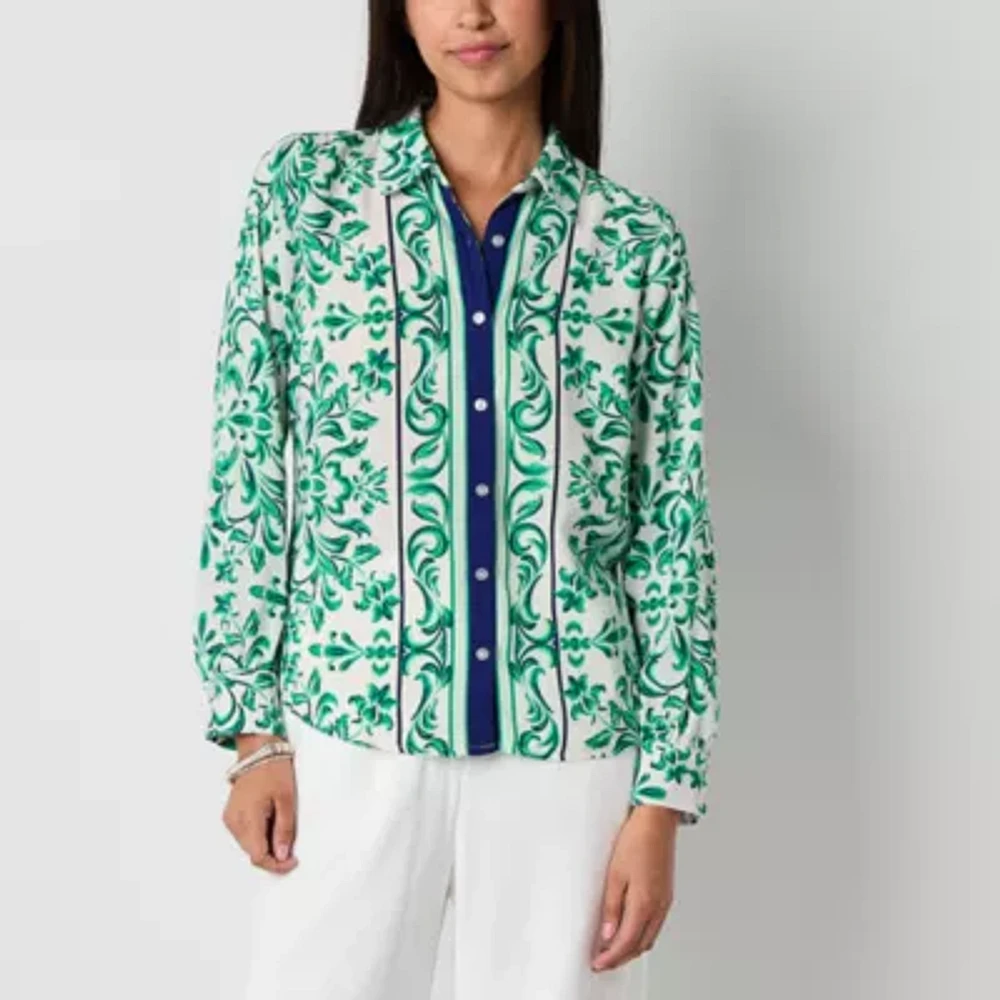 by&by Juniors Womens Long Sleeve Regular Fit Button-Down Shirt
