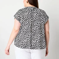 Liz Claiborne Plus Womens Split Tie Neck Short Sleeve Blouse