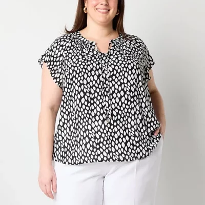 Liz Claiborne Plus Womens Split Tie Neck Short Sleeve Blouse
