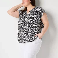 Liz Claiborne Plus Womens Split Tie Neck Short Sleeve Blouse