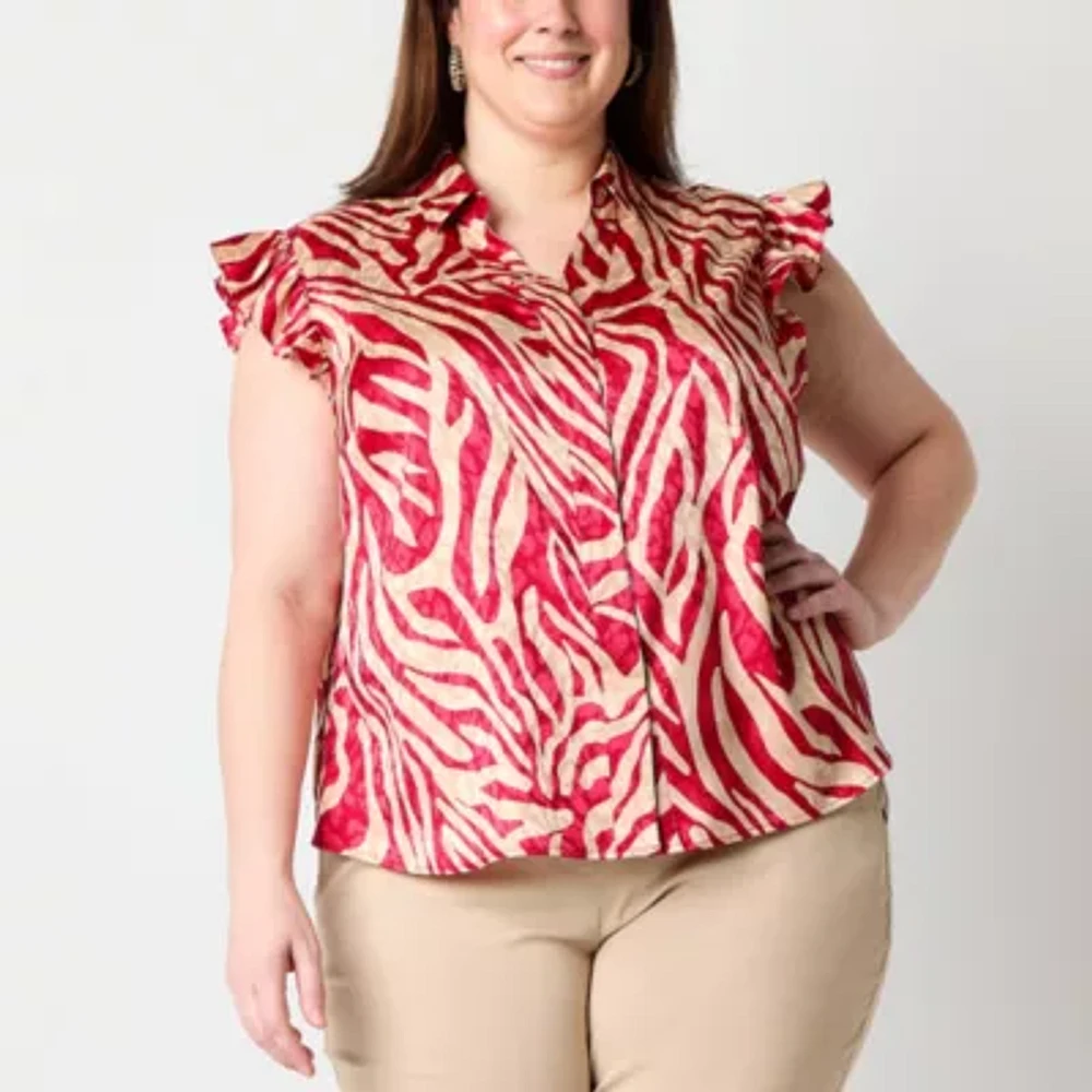 Liz Claiborne Plus Womens Sleeveless Adaptive Regular Fit Easy-on + Easy-off Button-Down Shirt