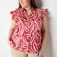 Liz Claiborne Plus Womens Sleeveless Adaptive Regular Fit Easy-on + Easy-off Button-Down Shirt
