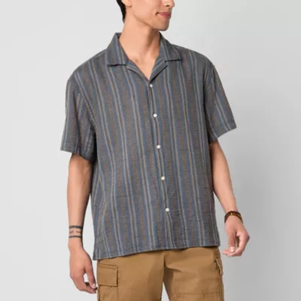 Arizona Mens Relaxed Fit Short Sleeve Striped Button-Down Shirt