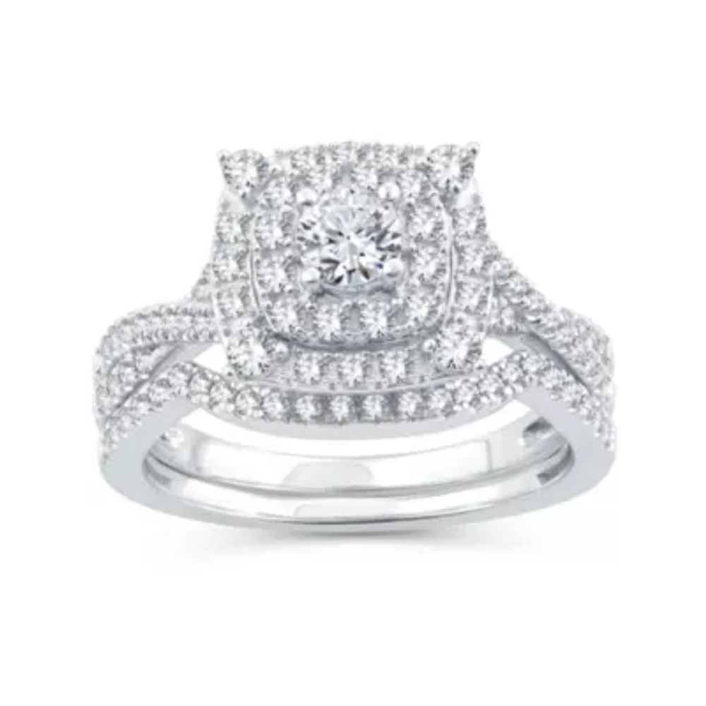 Womens 1 CT. T.W. Natural Diamond 10K White Gold Cushion Side Stone Halo Bridal Set