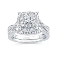 Womens 1 CT. T.W. Natural Diamond 10K White Gold Cushion Side Stone Halo Bridal Set
