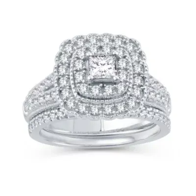 Womens 1 CT. T.W. Natural Diamond 10K White Gold Cushion Bridal Set