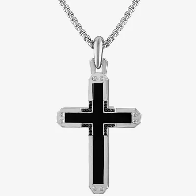 Bulova Mens 1/10 CT. T.W. Genuine Black Agate Sterling Silver Cross Pendant Necklace