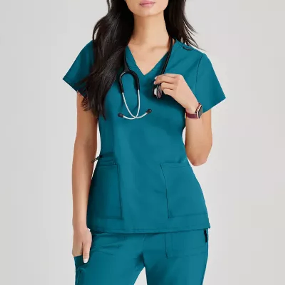 Barco Unify But167 Purpose 4-Pocket Womens V Neck Short Sleeve Stretch Fabric Moisture Wicking Wrinkle Resistant Scrub Top
