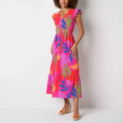 52seven Womens Short Sleeve Floral Fit + Flare Dress