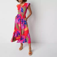52seven Womens Short Sleeve Floral Fit + Flare Dress