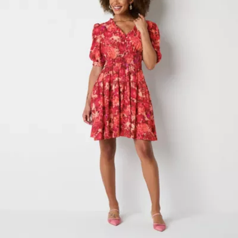 Danny & Nicole Womens Short Sleeve Floral Fit + Flare Dress