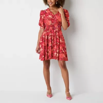 Danny & Nicole Womens Short Sleeve Floral Fit + Flare Dress