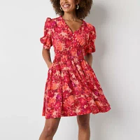 Danny & Nicole Womens Short Sleeve Floral Fit + Flare Dress