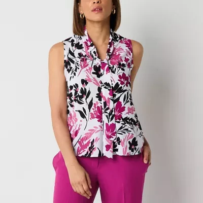 Black Label by Evan-Picone Womens Split Tie Neck Sleeveless Blouse
