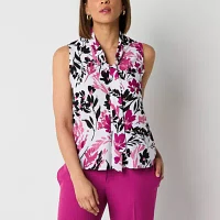 Black Label by Evan-Picone Womens Split Tie Neck Sleeveless Blouse
