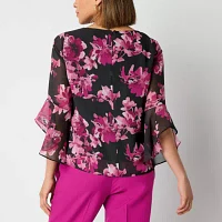 Black Label by Evan-Picone Floral Womens Crew Neck 3/4 Sleeve Blouse