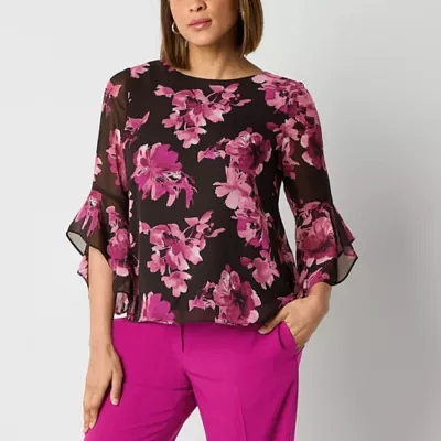 Black Label by Evan-Picone Floral Womens Crew Neck 3/4 Sleeve Blouse