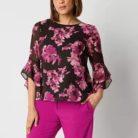 Black Label by Evan-Picone Floral Womens Crew Neck 3/4 Sleeve Blouse