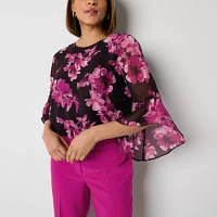 Black Label by Evan-Picone Floral Womens Crew Neck 3/4 Sleeve Blouse