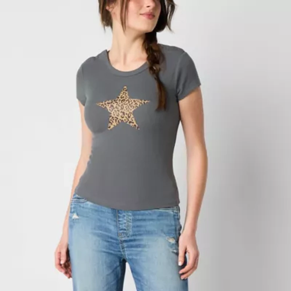 Arizona Juniors Womens Crew Neck Short Sleeve Adaptive Graphic T-Shirt