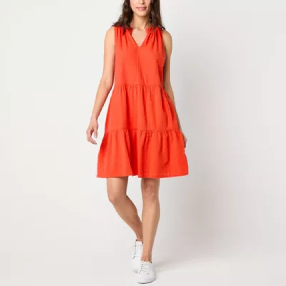 St. John's Bay Womens Sleeveless Embroidered Striped A-Line Dress