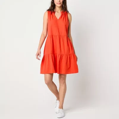 St. John's Bay Womens Sleeveless Embroidered Striped A-Line Dress