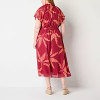 Liz Claiborne Womens Short Sleeve Leaf Midi A-Line Dress Plus