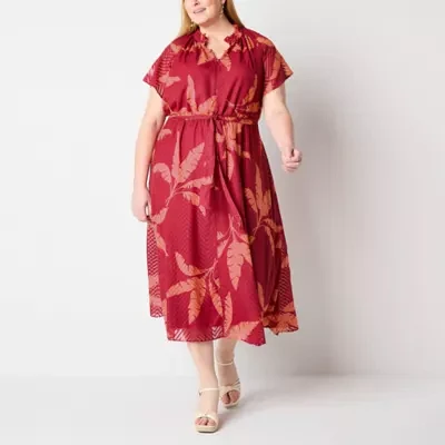 Liz Claiborne Womens Short Sleeve Leaf Midi A-Line Dress Plus