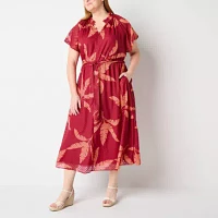 Liz Claiborne Womens Short Sleeve Leaf Midi A-Line Dress Plus