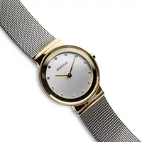 Bering Classic Womens Crystal Accent Two Tone Mesh Bracelet Watch-10126-001