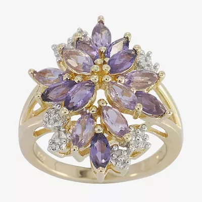 14K Gold over Silver Genuine Amethyst, Pink Quartz & Lab-Created White Sapphire Flower Ring