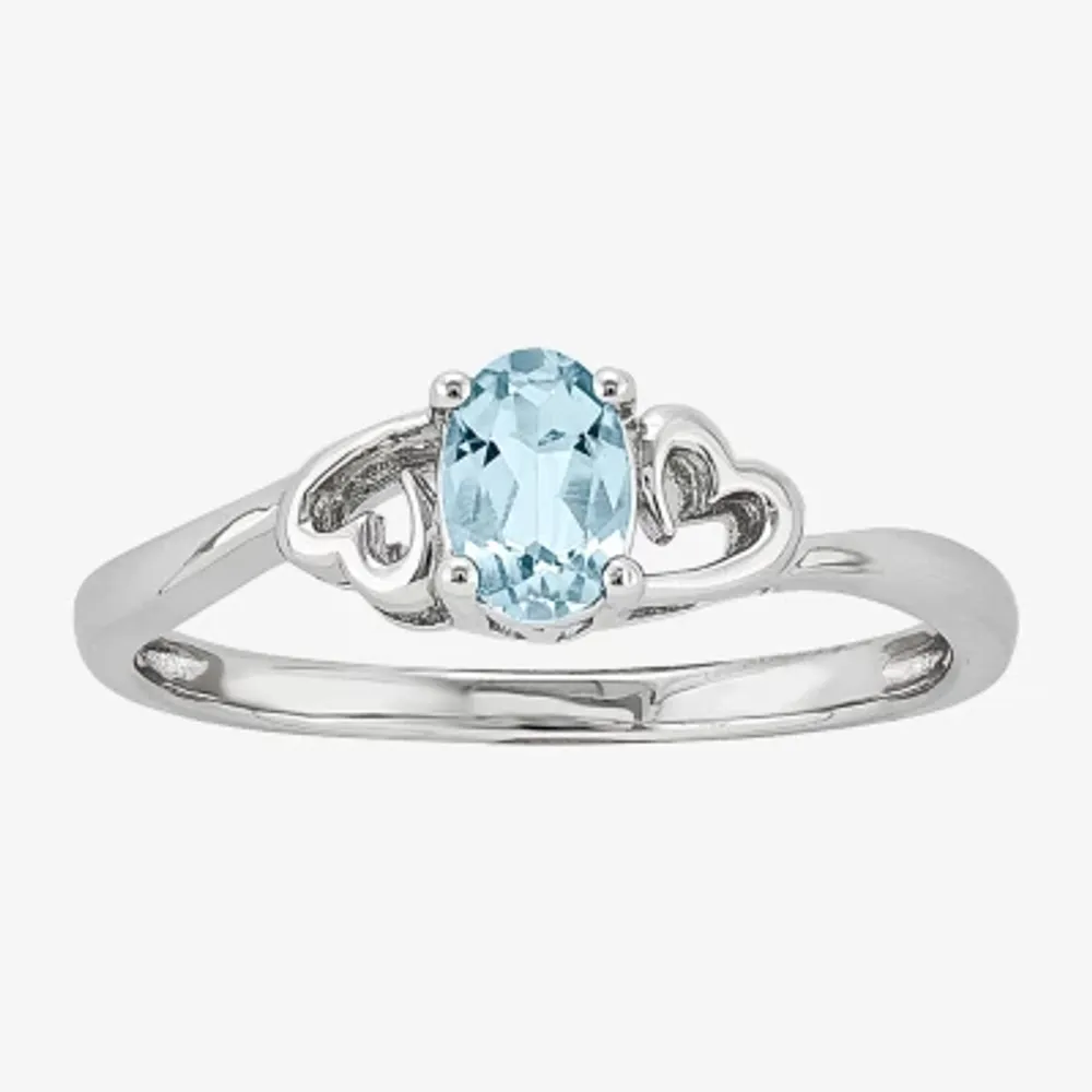 Womens Genuine Blue Aquamarine Sterling Silver Heart Oval Solitaire Cocktail Ring