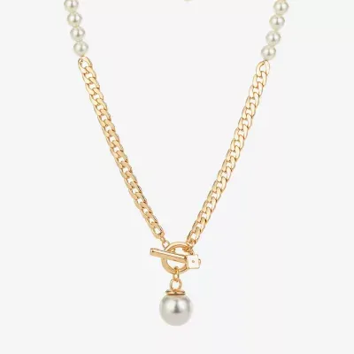 Worthington Toggle Pendant Simulated Pearl 19 Inch Curb Collar Necklace