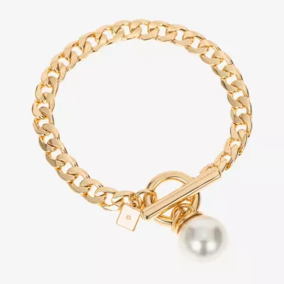 Worthington Toggle Charm Simulated Pearl 8 Inch Curb Chain Bracelet