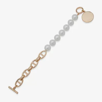 Worthington Gold Tone Half Beaded Toggle Simulated Pearl 8 Inch Link Chain Bracelet