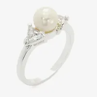 Sparkle Allure Three Stone Simulated Pearl Pure Silver Over Brass Round 3-Stone Side Cocktail Ring