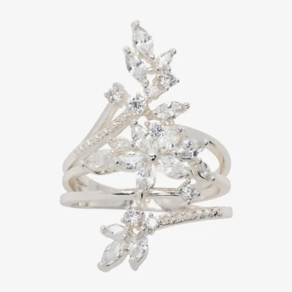 Sparkle Allure Wrap Cubic Zirconia Pure Silver Over Brass Flower Bypass Cocktail Ring