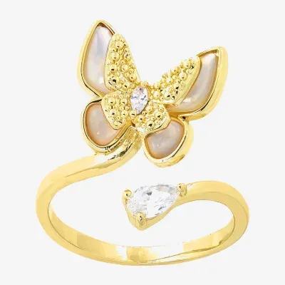 Sparkle Allure Wrap Womens White Mother Of Pearl 14K Gold Over Brass Butterfly Bypass  Cocktail Ring