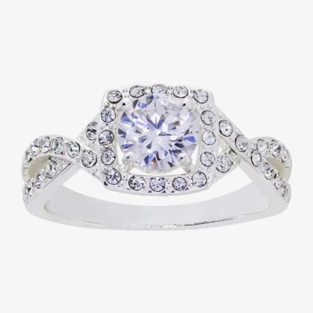 Sparkle Allure Twisted Split Shank Cubic Zirconia Pure Silver Over Brass Round Halo Engagement Ring