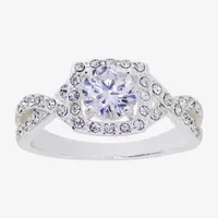 Sparkle Allure Twisted Split Shank Cubic Zirconia Pure Silver Over Brass Round Halo Engagement Ring