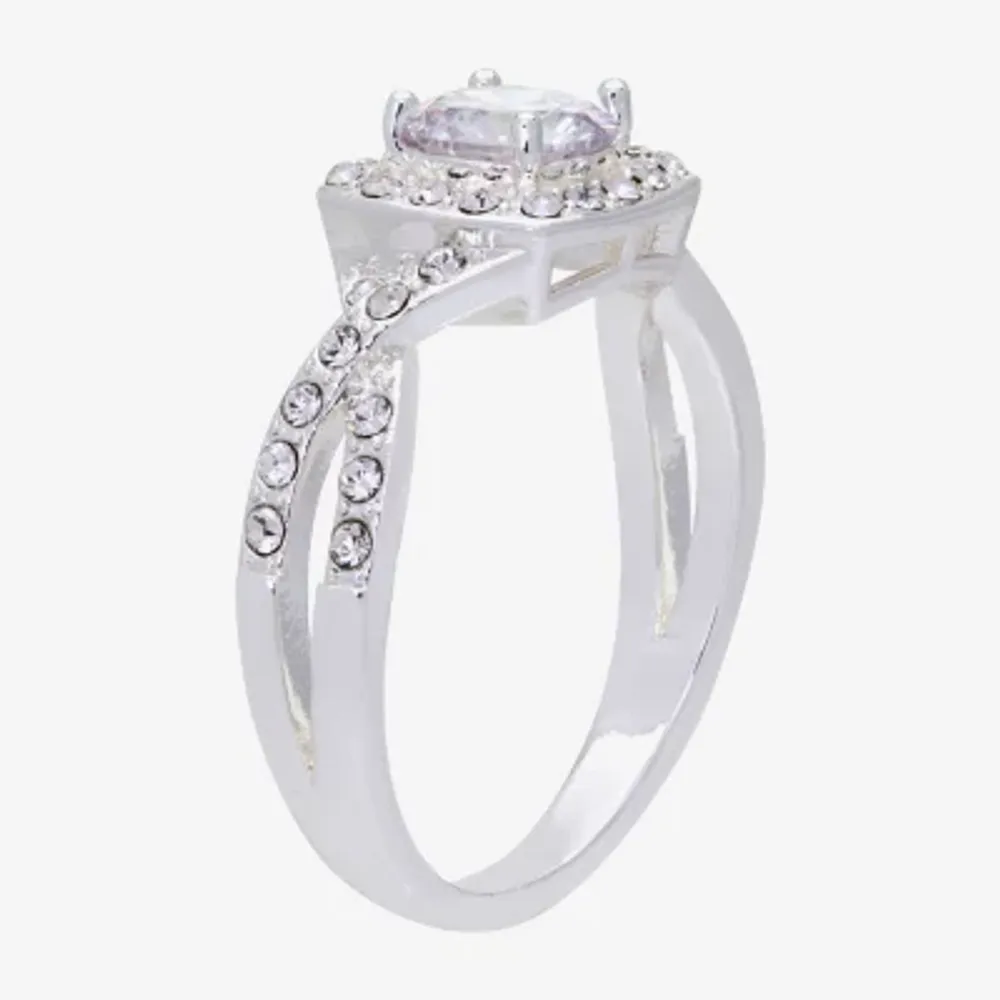 Sparkle Allure Twisted Split Shank Cubic Zirconia Pure Silver Over Brass Round Halo Engagement Ring