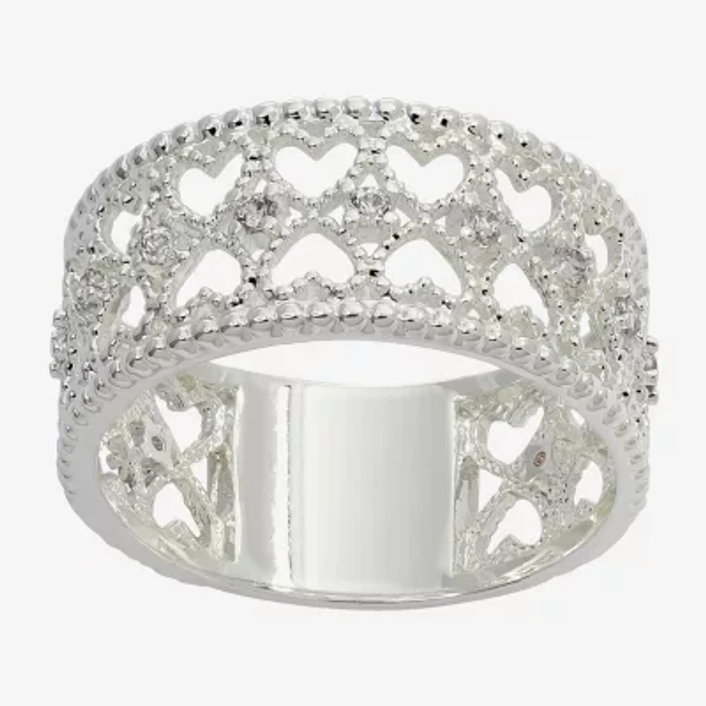 Sparkle Allure Double Row Textured Crystal Pure Silver Over Brass Heart Band