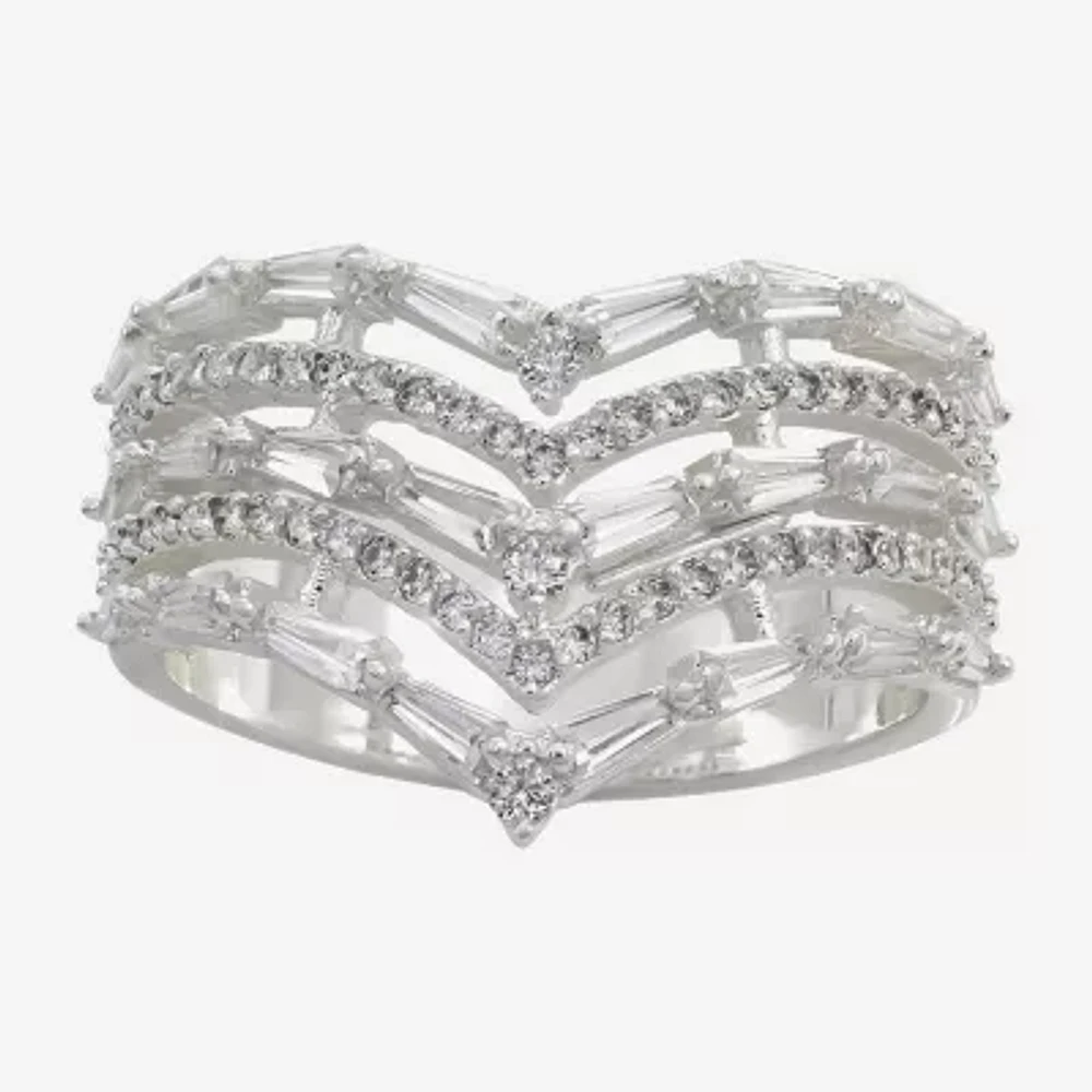Sparkle Allure Faux Stacked Cubic Zirconia Pure Silver Over Brass Cocktail Ring