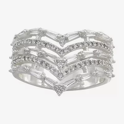 Sparkle Allure Faux Stacked Cubic Zirconia Pure Silver Over Brass Cocktail Ring