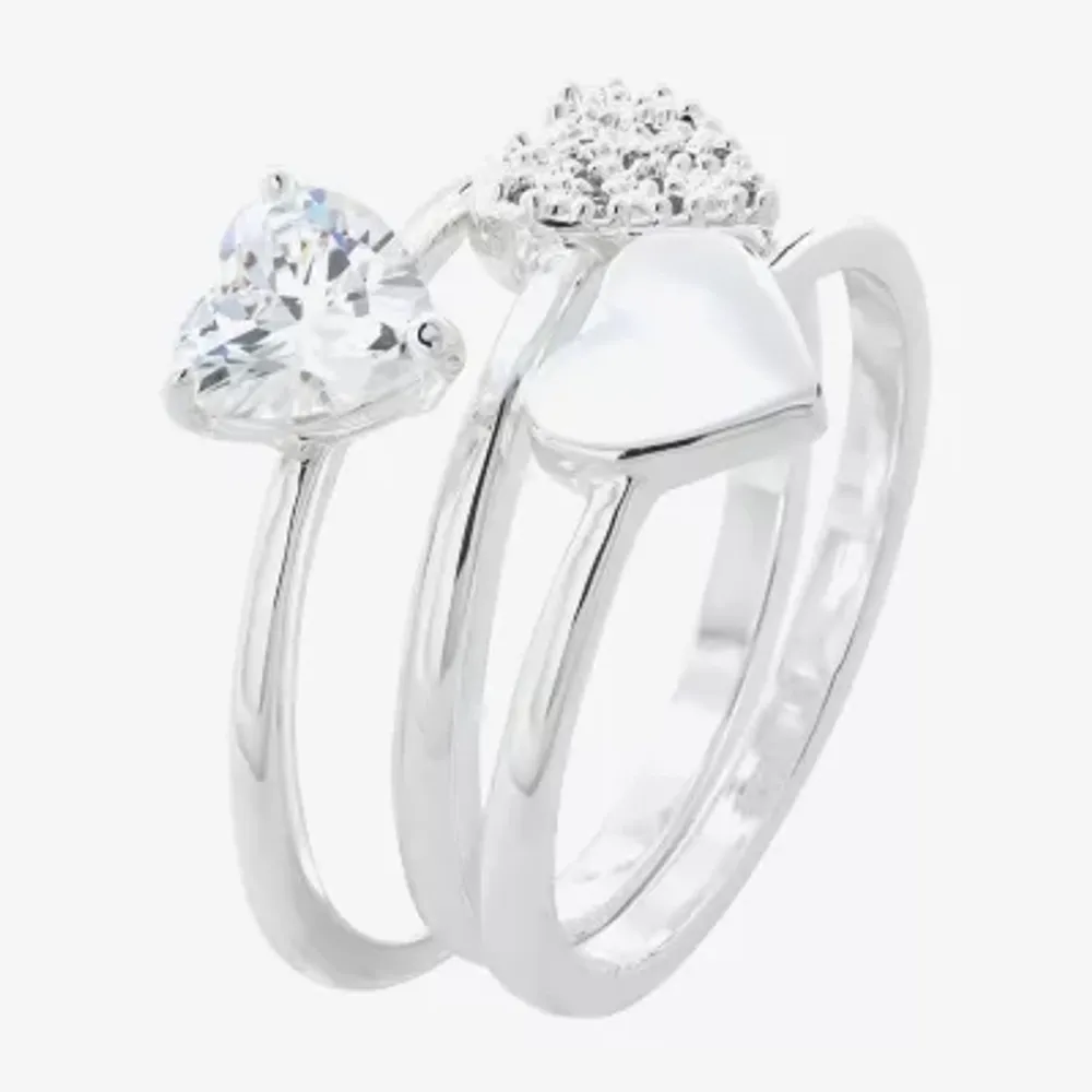 Sparkle Allure 3-pc. Cubic Zirconia Pure Silver Over Brass Heart Ring Sets