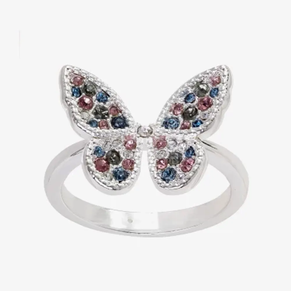 Sparkle Allure Crystal Pure Silver Over Brass Butterfly Cocktail Ring