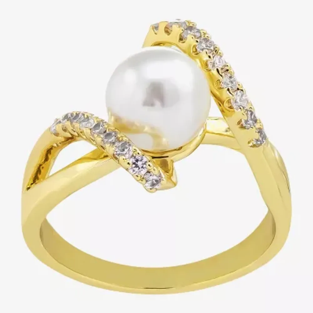 Sparkle Allure Womens Simulated Pearl 14K Gold Over Brass Bypass Cocktail Ring